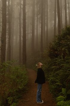 a person standing on a path in the woods