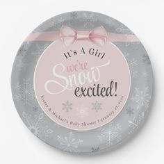 it's a girl we are snow excited paper plate with pink ribbon and bow