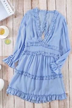 Sky Blue V Neck Ruffle Detailing Open Back Long Sleeve Dress Open Back Long Sleeve Dress, Sky Blue Dress, Mini Robes, Ruffle Mini Dress, Open Back Dresses, Wholesale Dress, Blue V, Neck Ruffle, Cheap Dresses