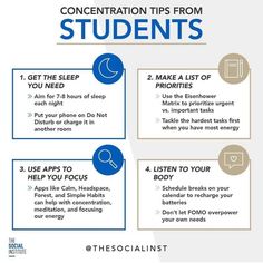 A graphic of concentration tips for students Concentration Tips, Social Emotional Health, Exam Season, Social Standards, Tips For Students, Student Life Hacks, School Survival