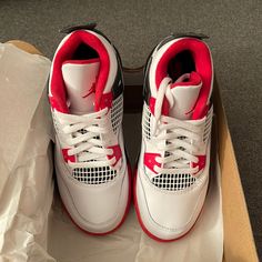 Brand New. Box Shows Some Where From Being Packed Up. Play School Size 1.5. Air Jordan 4 White With Red Sole, White Synthetic Air Jordan 4 Lace-up, Nike Jordan 4, Shoes Nike Jordan, Air Max 90 Leather, Air Jordan Retro 4, Jordan Mid, Boys Running Shoes, Black Athletic Shoes