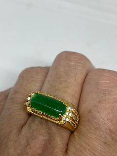 Vintage Lucky Green Nephrite Jade ring Large green nephrite jade Ornate gold finished White bronze Vintage ring, does not tarnish, NOT sterling Size 8, 9 or 10. My jeweler can custom re size for a $10-$20 fee All rings are shipped free in the US in a nice gift box. Check out our over a THOUSAND great reviews Engraving is $4 per letter and is not always perfect depending on the piece. It can take a few days if the jeweler is busy. This is payable to Paypal Judithsltd@gmail.com Hallmarked Green Rectangular Rings, Hallmarked Green Rectangular Emerald Ring, Gold Chrysoprase Ring, Rectangular Green Hallmarked Emerald Ring, Gold Chrysoprase Rings For Anniversary, Mermaid Ring, Lucky Green, Ringe Gold, Golden Ring