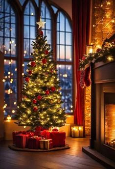 a lit christmas tree in front of a fireplace