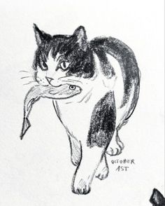 a drawing of a cat with a fish in it's mouth