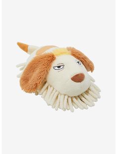 a stuffed animal dog head hanging from the side on a white background with clippings