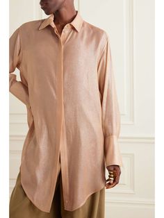 VICTORIA BECKHAM Wrap-effect metallic chiffon shirt | NET-A-PORTER Elegant Spring Blouse With Shimmer, Chic Silk Blouse For Festive Occasions, Elegant Long Sleeve Metallic Blouse, Festive Chic Blouse For Workwear, Chic Festive Blouse For Workwear, Elegant Metallic Blouse For Work, Elegant Metallic Tops With Sheen, Elegant Metallic Blouse For Fall, Elegant Long Sleeve Shimmer Blouse