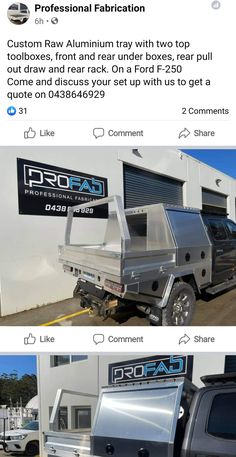 two different trucks parked next to each other in front of a building with the words custom aluminum