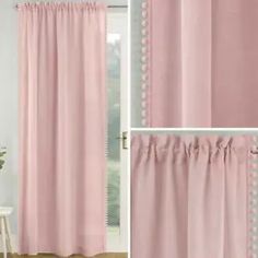 pink curtains with pom poms on the top and bottom are shown in three different views