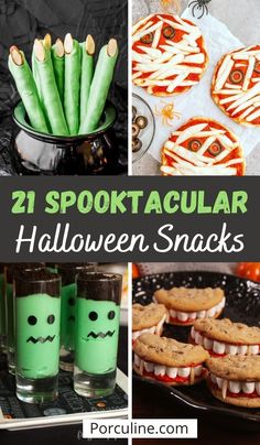 halloween snacks and desserts with text overlay that reads 21 spooktacular halloween snacks