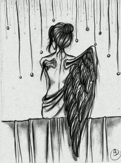 a drawing of an angel sitting on top of a wall with rain falling down behind it