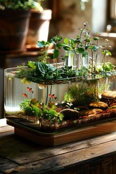 an assortment of plants in vases sitting on a table