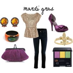 there is a woman's outfit and accessories in this picture, including shoes, bracelets, ring, purse, earrings, clutch bag