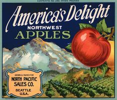 an advertisement for north pacific apples with mountains in the background