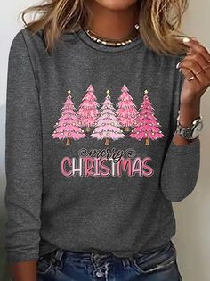 Pink Tree Christmas, Pink Tree, Applique Shirts, Christmas Tops, Pink Christmas Tree, Pink Trees, Casual Long Sleeve Shirts, Crochet Christmas, Tree Christmas