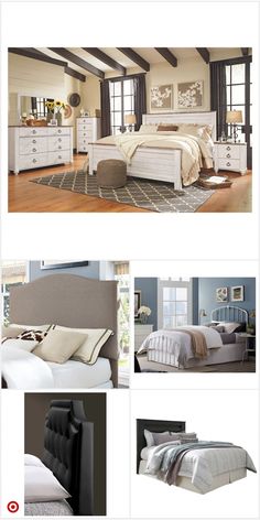 a collage of photos showing different types of furniture and bedding in various rooms