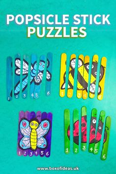 the popsicle stick puzzles are designed to look like butterflies and bees, with numbers on them