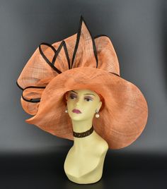 Elegant Orange Summer Costume Hat, Wide Brim Sinamay Straw Hat For Kentucky Derby, Kentucky Derby Wide Brim Straw Hat In Sinamay, Kentucky Derby Sinamay Straw Hat With Wide Brim, Kentucky Derby Straw Hat With Wide Brim In Sinamay, Orange Summer Evening Hat, Wide Brim Sinamay Boater Hat For Races, Elegant Orange Formal Hat, Summer Sinamay Hat Costume Headpiece