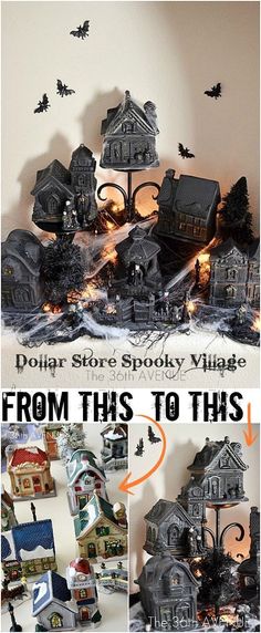 there are many halloween decorations on the shelf in front of the wall and below it is an advertisement for dollar store spooky village from this to this