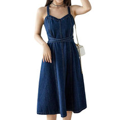 Trendy Dark Wash Knee-length Dress, Denim Blue Midi Length Denim Dress, Denim Blue Midi Dress In Denim, Casual Dark Wash Cotton Midi Dress, Casual Dark Wash Midi Denim Dress, Dark Wash Non-stretch Midi Dress, Spring Casual Mid-length Denim Dress, Non-stretch Dark Wash Knee-length Denim Dress, Casual Denim Midi Dress For Fall