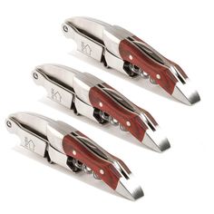 three knifes with red handles are shown in front of each other on a white background