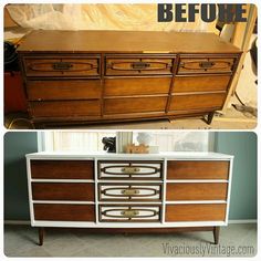 an old dresser has been refinished with new paint and some wood trimming