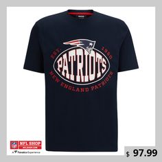 As part of an exclusive capsule collection, Hugo Boss collaborated with the NFL to craft these New England Patriots Trap T-Shirt. The unique New England Patriots graphics and detailed brand emblem give this piece and elevated feel to help you stand out in the sea of regular tees. This premium New England Patriots tee is constructed with comfort in mind making it perfect almost any occasion. Sports Fan T-shirt With Logo Print And Crew Neck, Fan Merchandise Logo Print T-shirt, Relaxed Fit T-shirt With Logo For Fans, Graphic Tee T-shirt With Logo For Fan Gear, Graphic Tee With Logo Print For Fan Gear, Relaxed Fit Logo Print T-shirt For Fan Merchandise, Sports Season Fan Merchandise T-shirt With Logo Print, Collegiate Logo Print T-shirt For Fans, Sports Fan T-shirt For Fan Merchandise