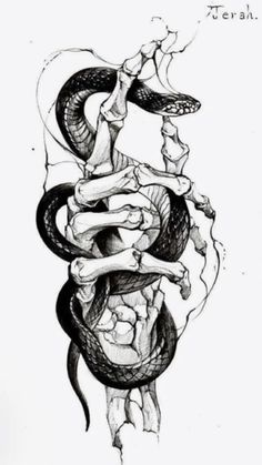 a black and white drawing of a snake in the shape of a human head with bones