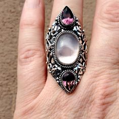 Brand New Handmade Oversized Rose Quartz And Amethyst Silver Statement Ring. Size 9 925 Stamped New To Poshmark? Use Referral Code Kimberlyn222 To Receive $10. Bohemian Amethyst Ring, Bohemian Amethyst Ring With Gemstone Accents, Goth Closet, Witch Rings, Statement Ring Silver, Ring Color, Pink Ring, Magpie, Womens Jewelry Rings