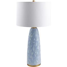 a blue table lamp with a white shade