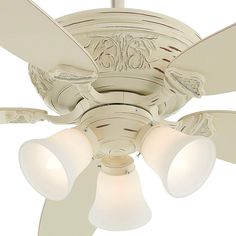 a ceiling fan with three white lights on it