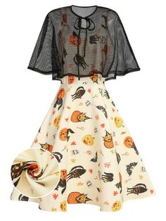 Goosebumps in a bounty, gals! The 1950s dress is cast in a soft and lightweight fabric that is framed by sweet mesh sheer illusion, established with pats, cats, pumpkins, and skulls pattern. Complete with a V neckline and slim waistline, trick or treat down the main street! Petticoats added for volume sold separately >> Material: 100% PolyesterDresses Length: Knee-LengthStretch: Slight StretchZipper: Back ZipperPackage Content: 1 x Women dress , 1 x CapeCare Instructions: Hand Washable 1950s Halloween, Halloween Mode, Pumpkin Cat, Cheap Dresses Casual, Halloween Tattoo, Cat Skull, Standard Dress, Halloween Fashion, 1950s Dress