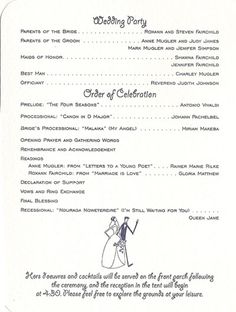 the wedding program is in black and white