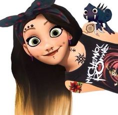 a cartoon girl with tattoos on her arm and head is posing for the camera,