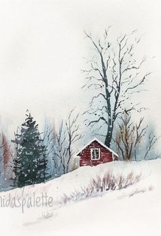 a watercolor painting of a red barn in the snow with trees and bushes behind it