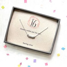 Sixteen wishes just for you... Sterling silver necklace featuring 16 sterling silver links. Total length of chain measures approx 43cm. Perfect as a token gift for a special birthday. See other listings for different age options - 18, 21, 30, 40, 50, 60, 65, 70, 75, 80, 85, 90, 95, 100 - If you would like an age option not shown please get in touch with your requirments and I will do my best to help. Adjustable cord bracelets also available- see other listings. Presented on 100% recycled card an Sweet 16 Necklaces, Personalized Silver Jewelry For Sweet 16, Sixteen Wishes, Birthday Presents For Teens, Birthday Necklace, Teen Birthday, Cord Bracelets, Special Birthday, 16th Birthday