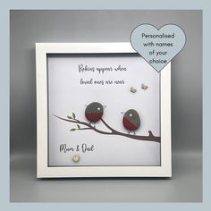 two birds are sitting on a tree branch with the words, personalized with names of your choice