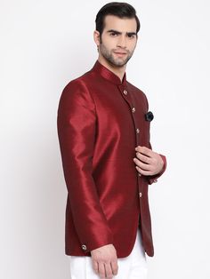 VASTRAMAY Men's Maroon Silk Blend Jodhpuri This elegant Jodhpuri in maroon silk blend is perfect for formal occasions, adding a touch of sophistication and style to your ensemble. Key Features Color: Maroon Material: Silk Blend Design: Jodhpuri Style Occasion: Formal Fit: Regular Specifications Brand: VASTRAMAY Color: Maroon Size Options: S, M, L, XL, XXL Closure Type: Buttoned Pattern: Solid Material & Care This Jodhpuri is made from a high-quality silk blend fabric. To ensure longevity, dry cl Jodhpuri For Men, Maroon Fabric, Maroon Top, Wedding Festivities, Jacket Fabric, West New York, Fabric Silk, Formal Party, Top Fabric