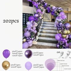 purple and gold balloons are on the stairs