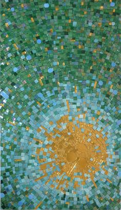 an abstract mosaic design made up of green and yellow squares, with the sun in the center