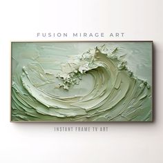 an abstract painting with green and white colors on the wall in front of a white background