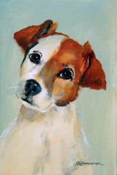 a painting of a brown and white dog on a blue background with the head turned to look like it is looking at something