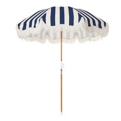 an umbrella with blue and white stripes on the top is shown in front of a white background