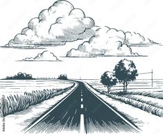 an empty road with trees and clouds in the sky, vintage line drawing or engraving style