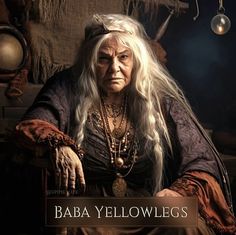 an old woman with long white hair sitting in a chair