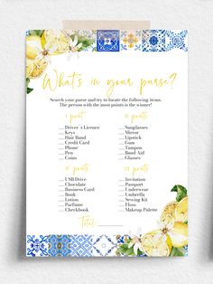 Editable Blue Tile Lemons Bridal Shower Games Template Italian Amalfi Bridal Shower Game Bundle Mediterranean Positano Bridal Shower Game M1 Whats In Your Purse, Band Aid, Positano, Bridal Shower Games