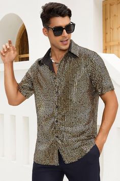 A luxury and sparkly button down shirt for guys, a short sleeve disco costume with full sequins, and a normal fit sequin Christmas disco costume prom shirt. This sparkly shirt with a double layer is composed of polyester and spandex. It is a high-quality 70s party shirt with a disco shine. #men #party #club #shirt Glitz And Glam Party Theme Outfit Men, Disco Night Outfit Men, Glitz And Glam Men Outfit, Disco Neon Outfit, Glitter And Glamour Party Outfit Men, Disco Outfit Men 70s Fashion, Disco Glam Party Outfit Men, Modern Disco Outfit Men, 70s Disco Party Outfit Men