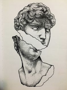 a black and white drawing of a woman's head with torn paper on it