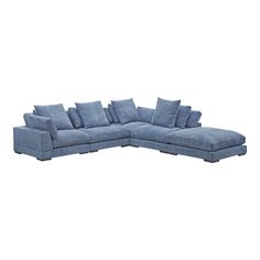 a blue sectional sofa with pillows on it's back and the seat facing outward