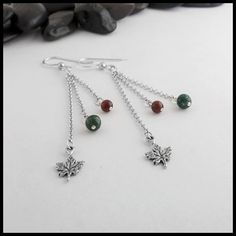 Limited Edition Maple Leaf Charm Drop Earrings with Jasper and Moss Agate Threader Earrings, Tourmaline Gemstone