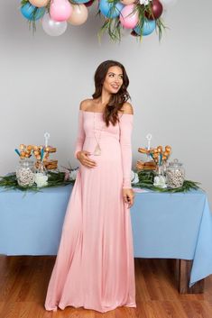 Pink Solid Off Shoulder Maternity Maxi Dress Off-shoulder Maternity Maxi Dress, Pink Long Sleeve Maternity Maxi Dress, Long Sleeve Pink Maxi Dress For Maternity, Polyvore Winter Outfits, Pink Baby Shower Dress, Vestidos Para Baby Shower, Gender Reveal Dress, Off Shoulder Neckline, Maternity Dresses For Baby Shower